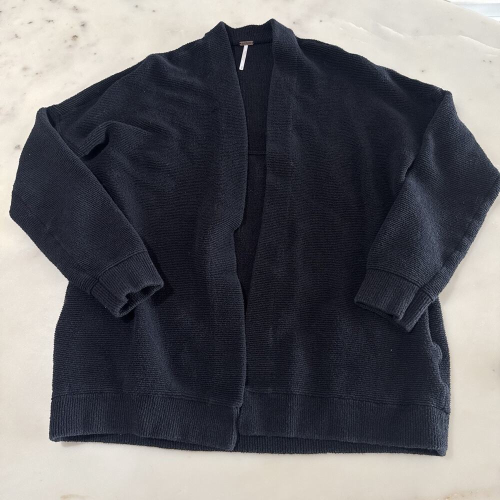 Free People M Chunky Knit Oversized Open Front Cardigan Sweater Black Boho Class